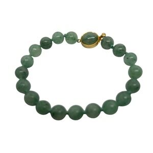 Green Aventurine‎ Beaded Bracelet Knotted Gold Tone Box Clasp 7.25 Inch Vintage